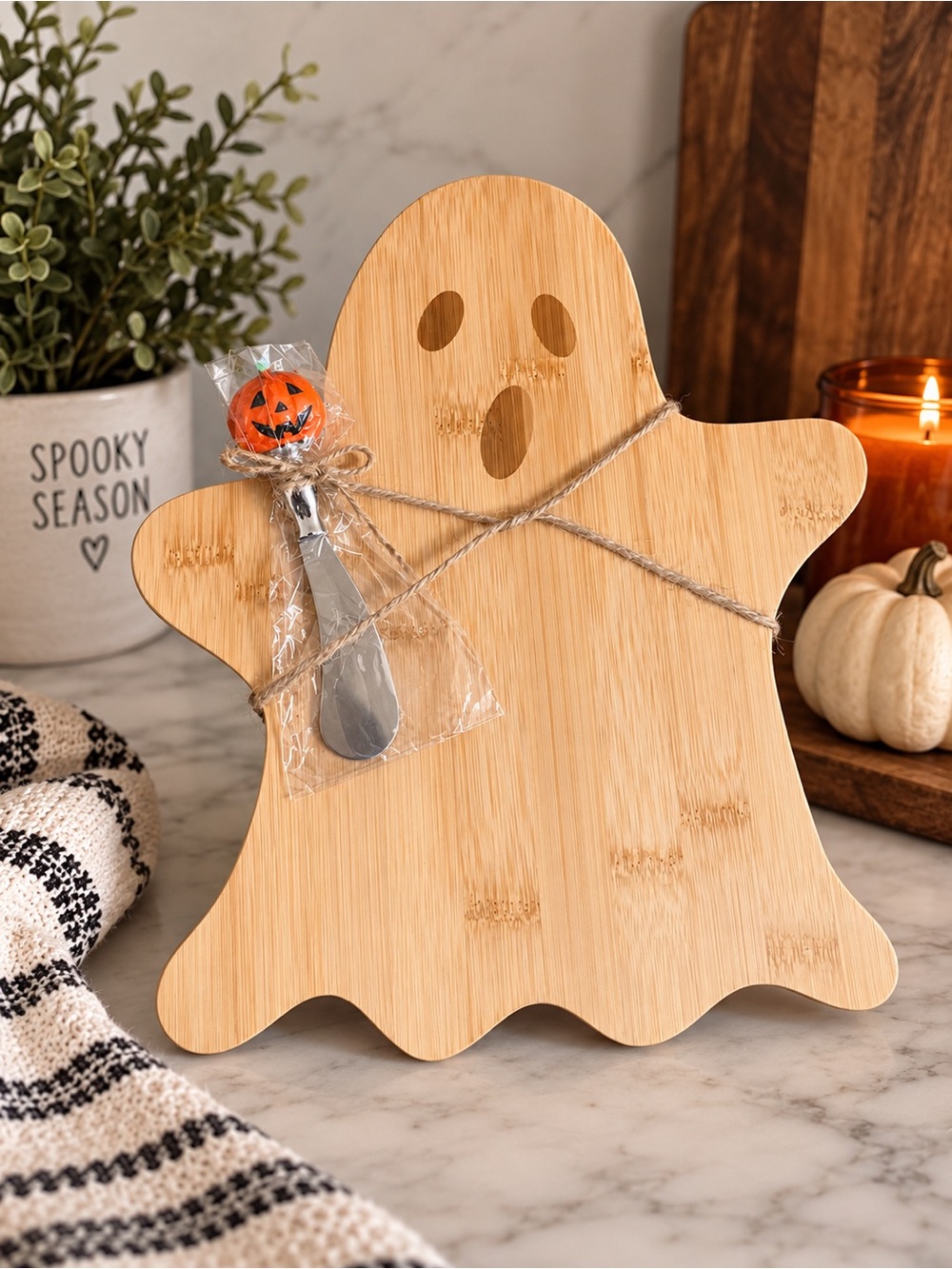 Halloween Ghost Bamboo Charcuterie Board + Pumpkin Spreader